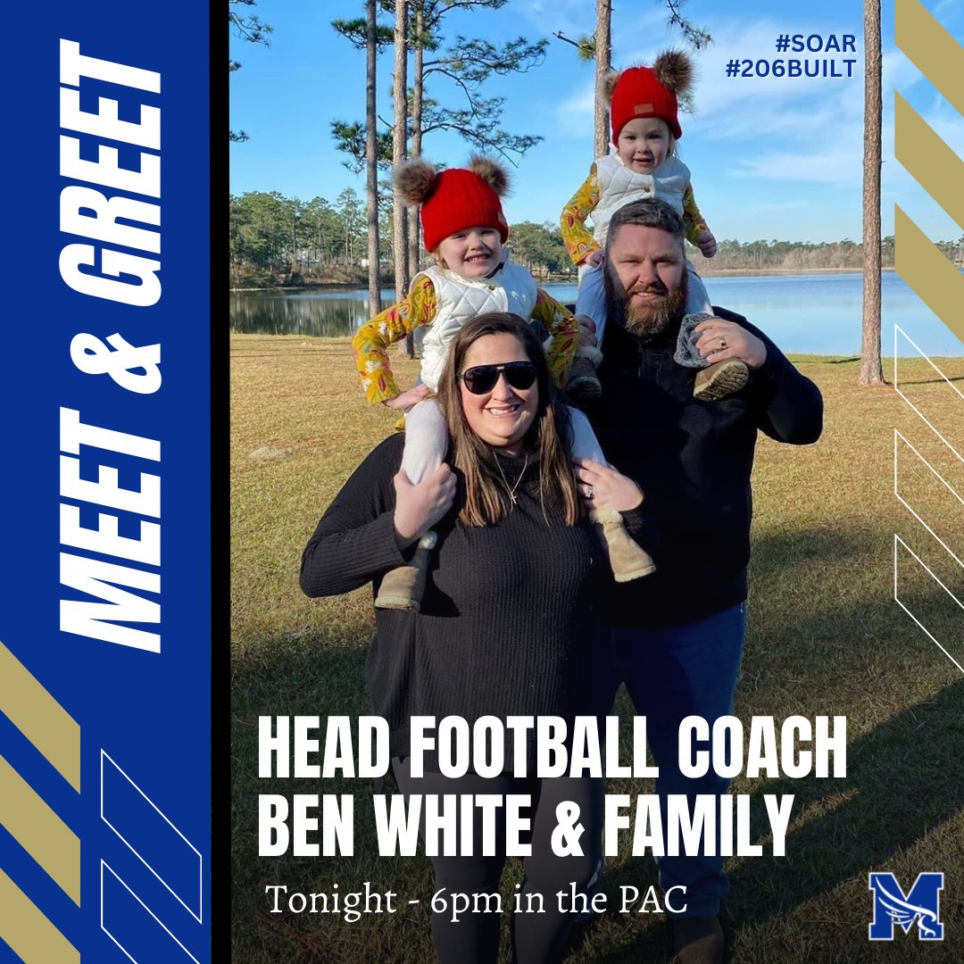 MenendezFootba1's tweet photo. Meet & Greet TONIGHT! Come out to the PAC at 6pm to meet our new head football coach, Ben White & his family. Canβt wait for what the future holds! π¦
π #SOAR #206Built https://t.co/t09UlsGmai