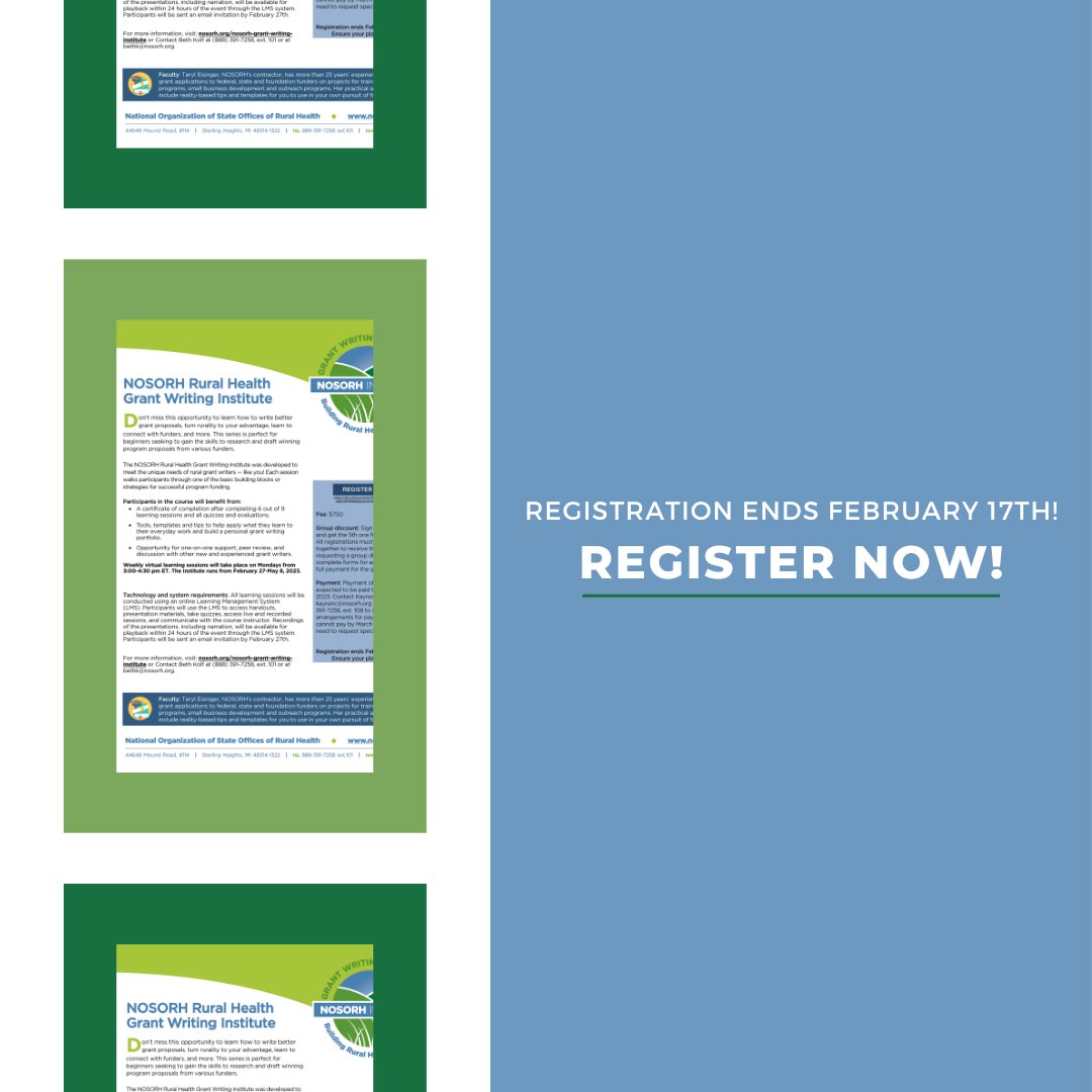 Don't forget to register for the NOSORH Rural Health Grant Writing Institute! ⬇️

The Institute runs from February 27-May 8, 2023. The weekly virtual learning sessions will take place on Mondays from 3:00-4:30 pm ET.

Learn more and register: ow.ly/8oTT50MsTVH