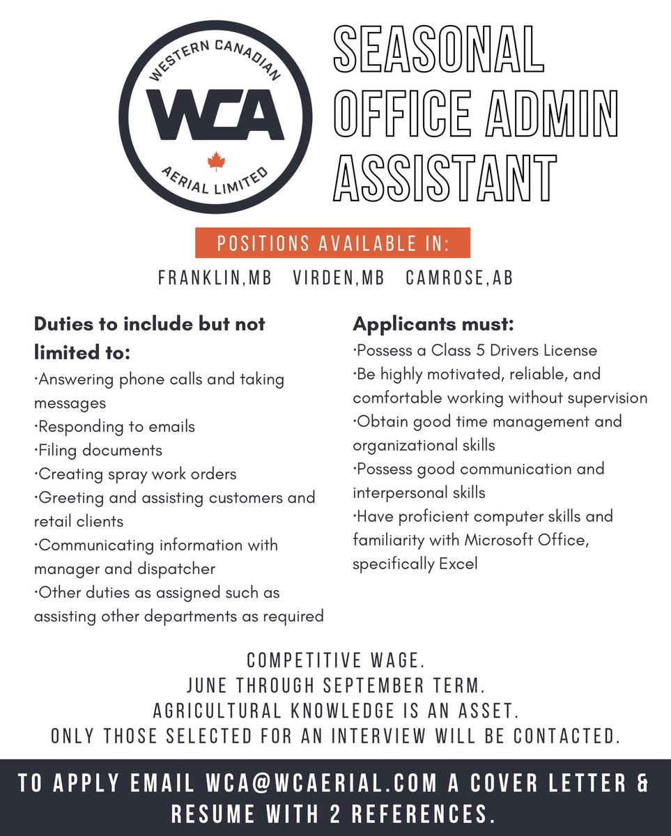 Positions for summer 2023 still available

➡️Seasonal Ground Crew
➡️Seasonal Office Admin Assistants

If you’re interested in aviation or ag, WCA might be the place for you!

#aerialspraying #aerialapplicator #agriculture #canadianag #manitoba #alberta #canadianprairies