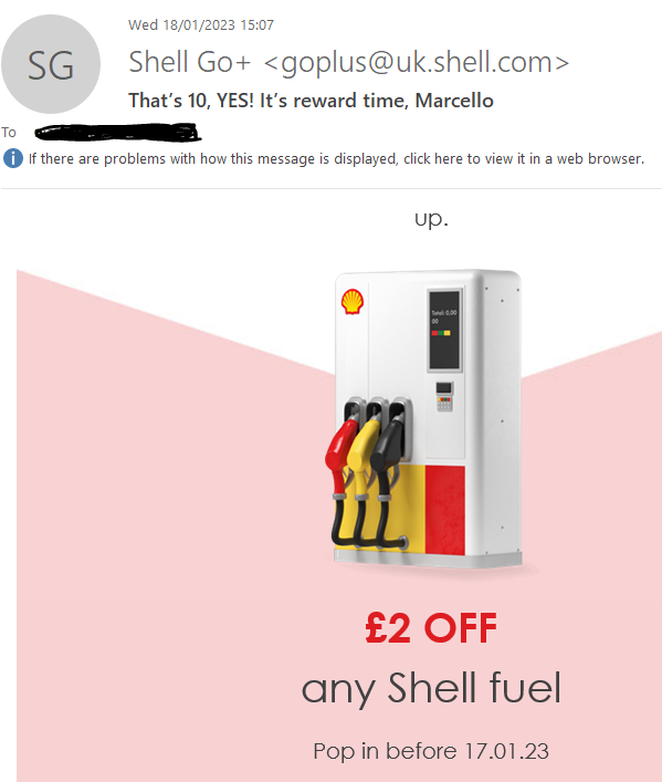 MarcelloRuffini's tweet image. @ShellStationsUK #ShellGo? Shell no-go!! 
Is this some sort of a sick joke?
You email me today, 18/1/2023 asking me to "pop in before 17/1/2023" to get my £2 reward. So disappointed with Shell rewards and daft App.