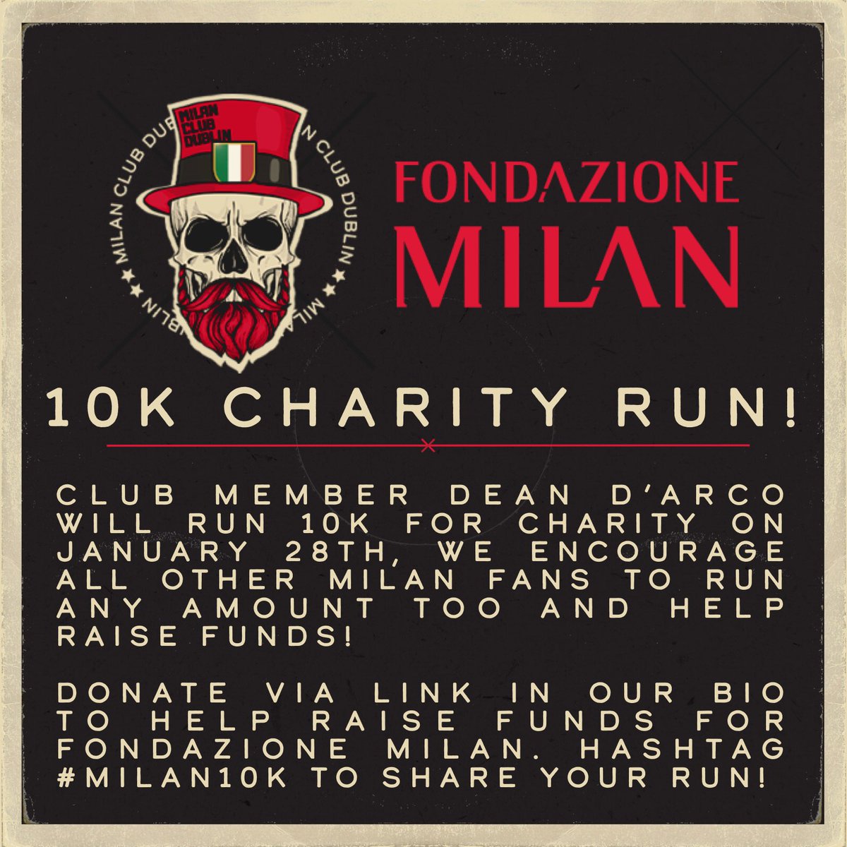 MilanClubDublin's tweet photo. One of our members will be running and raising funds for Fondazione Milan next weekend, and we are encouraging you to join! 🏃

Get out and run (as little or as much) in your Milan gear and hashtag #Milan10k, share and donate at the link here: https://t.co/yth0IN2iEH https://t.co/kQYQPc91ee