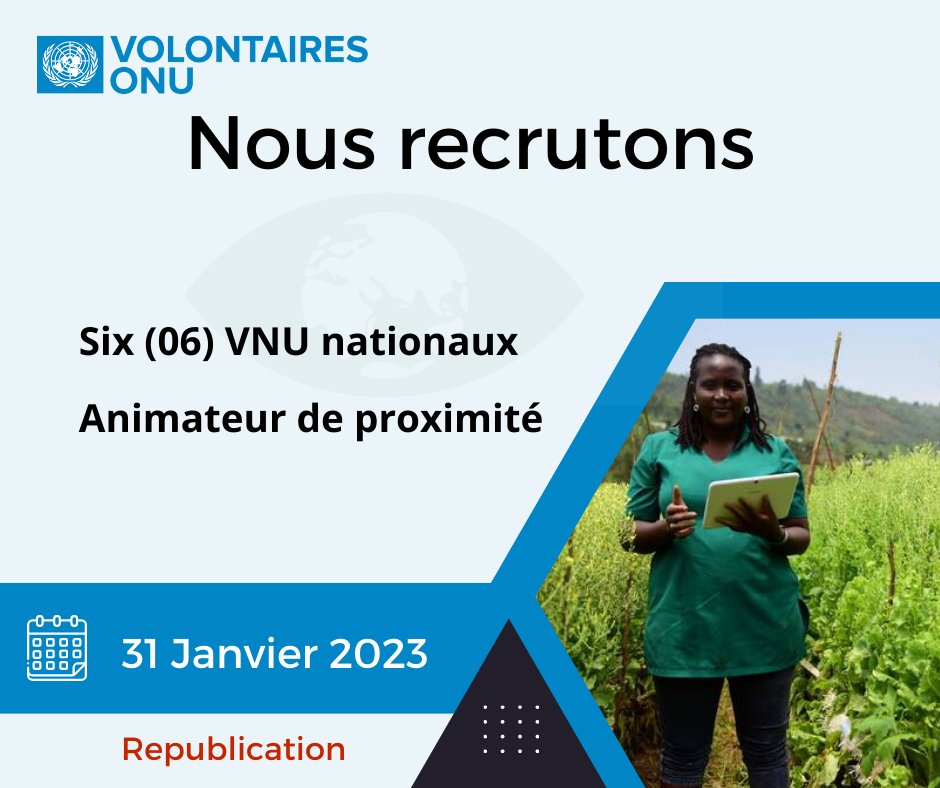 vnubenin's tweet photo. 📢📢📢 Le PNUD Bénin recrute 06 VNU nationaux 
Animateur de proximité de projet.
📚  Titulaire du DEAT ou du BEAT
🛄3 ans d'expérience en Agrobusiness, ou Etude du marché, ou Gestion
Pour postuler (Republication): https://t.co/HUZ7CKurgY https://t.co/ShfeQLRHga