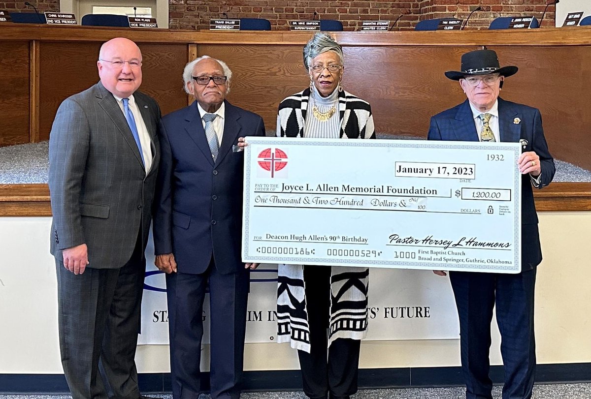 First Baptist Church of Guthrie donates $1,200 on behalf of Mr. Hugh Allen celebrating his 90th birthday and in honor of his daughter, the late Joyce Allen, a longtime teacher at Guthrie High School.

Two $600 scholarships will be awarded in memory of Ms. Allen to LU students.