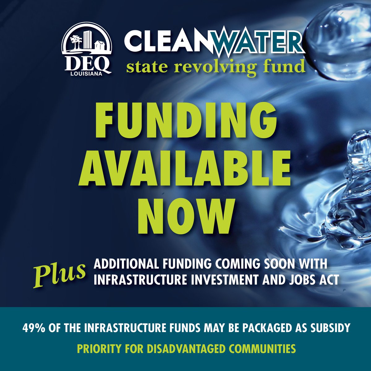louisiana_deq's tweet photo. The Louisiana Department of Environmental Quality’s Clean Water State Revolving Fund (CWSRF) is seeking qualified eligible projects to be considered for funding.
 
For more information, visit https://t.co/exZUj13T46 or email us at CWSRF@LA.GOV. https://t.co/IDX5e5lxfd