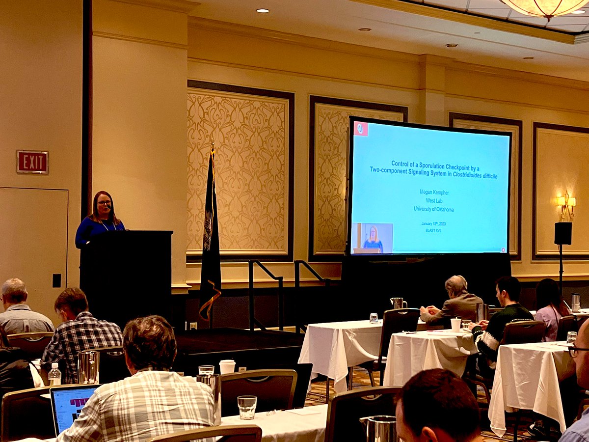 Postdoc Dr. Megan Kempher of the University of Oklahoma takes the stage this morning at #blastmeeting2023. Check out Megan’s work on C. difficile sporulation: doi.org/10.1128/jb.001…. Good news, she’s currently on the job market seeking opportunities in academia! <a href="/BlastMeetings/">BLAST Meetings</a>