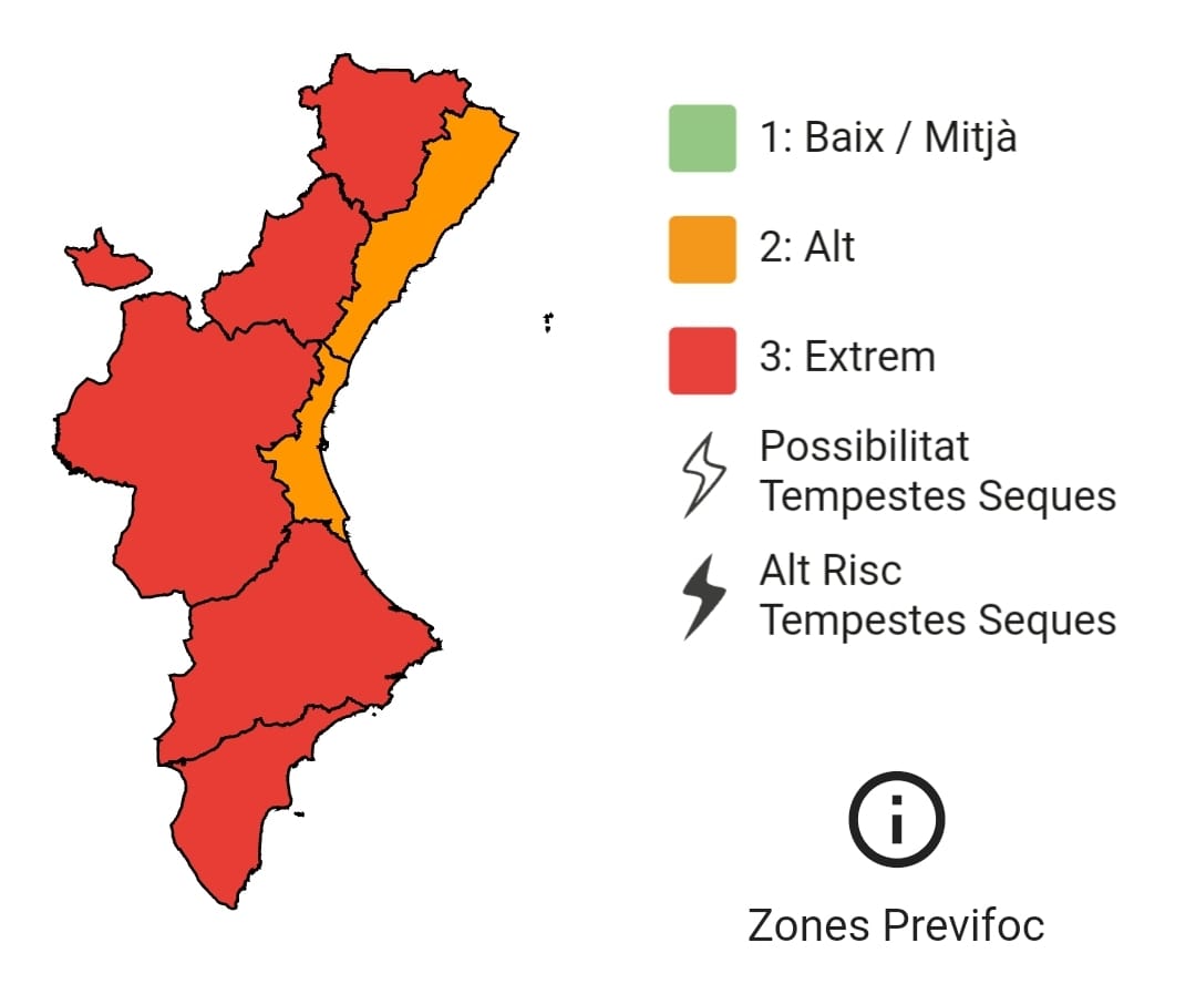 🔥El nivell de preemergència per risc d'incendis forestals és:

🔴Extrem a tota la Comunitat, a excepció del litoral de Castelló i València, on el risc és 🟠alt.

⚠️Si veieu un foc o fum, telefoneu ràpidament al 112. Una telefonada a temps pot evitar un incendi.

#StopAlFoc