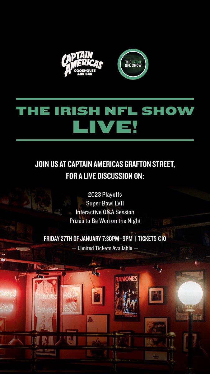 IrishNFLShow's tweet photo. 📢📢9 tickets left for our #IrishNFLOnTour event with Captain Americas on 27th Jan!
Come say hello to @Bol2903 @ColumFromCork @MarkCockerill12 and @GinQueenRunner
#NFLPlayoffs #NFLTwitter #NFLFansIreland #NFLFans #NFLIreland #IrishNFLFans https://t.co/4KXDxtZzAx
