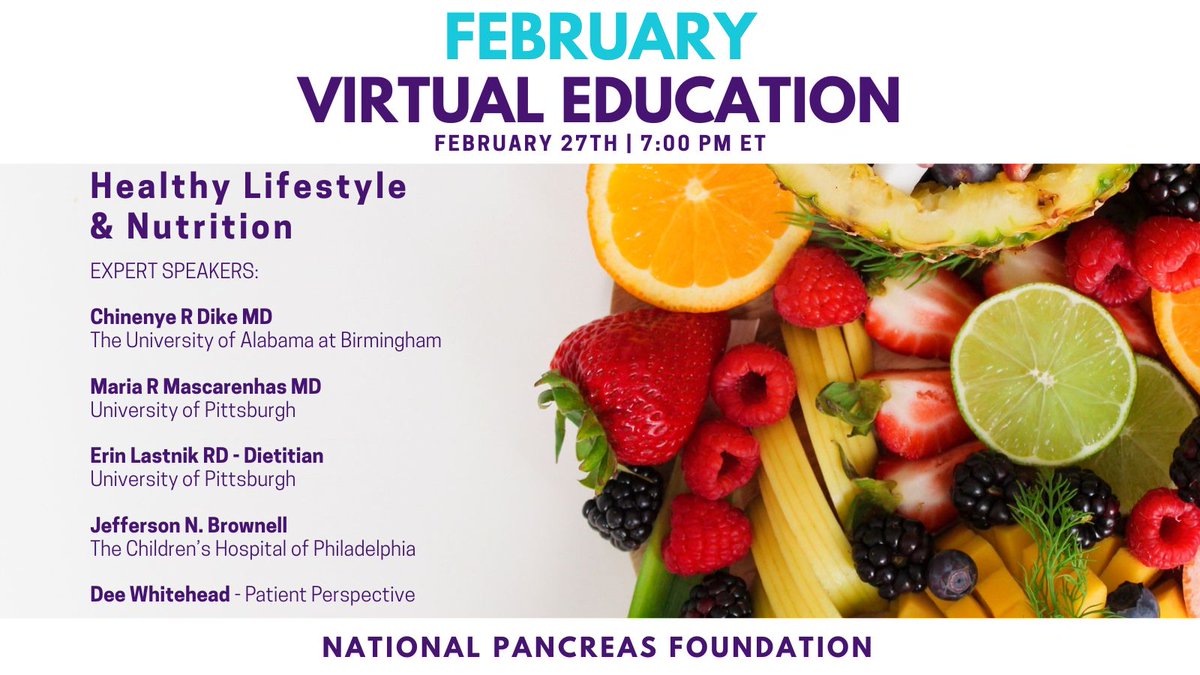 The National Pancreas Foundation (@natpancfdn) on Twitter photo Join <a href="/Natpancfdn/">The National Pancreas Foundation</a> for our virtual education 2.27.23 on Healthy Lifestyle & Nutrition. Maintaining a healthy lifestyle and good nutrition are essential in improving the physical and mental health of people living with pancreatic disease
REGISTER: us06web.zoom.us/webinar/regist… Join <a href="/Natpancfdn/">The National Pancreas Foundation</a> for our virtual education 2.27.23 on Healthy Lifestyle & Nutrition. Maintaining a healthy lifestyle and good nutrition are essential in improving the physical and mental health of people living with pancreatic disease
REGISTER: us06web.zoom.us/webinar/regist…
