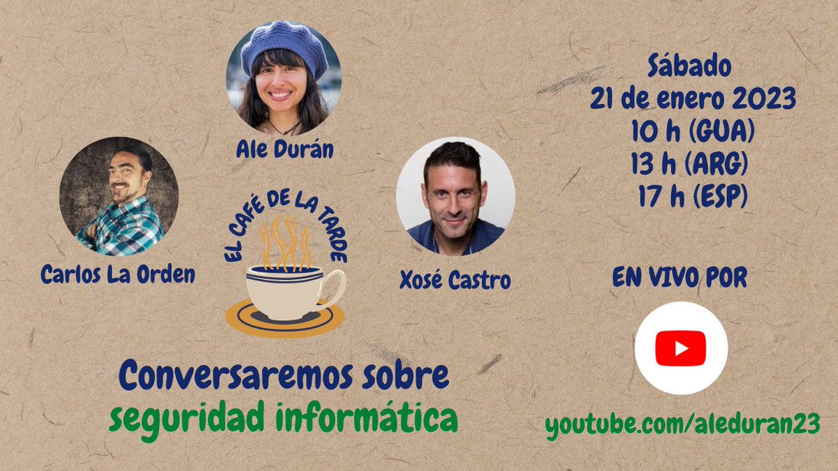 aleduran23's tweet photo. Preparen las cafeteras, los bolis y las libretas porque este sábado 21/01 nos tomaremos un café con mis queridísimos @insideloc y @XoseCastro para hablar de seguridad informática y de truquillos para cuidar nuestro equipo. 
¡Nos vemos en vivo en: https://t.co/khVFwhDdEO! https://t.co/wjxGZcrwjA