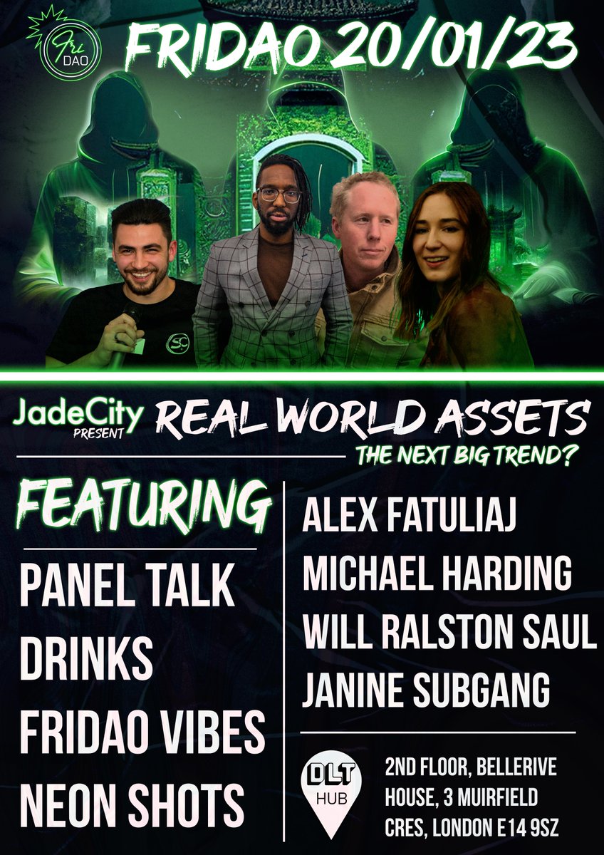 Excited to see everyone this Friday for <a href="/TheJadeCity/">Jade City</a> and FriDAO event! 

We have a great lineup of speakers and of course excellent vibes and drinks!

FREE TICKETS: eventbrite.co.uk/e/fridao-cowor…