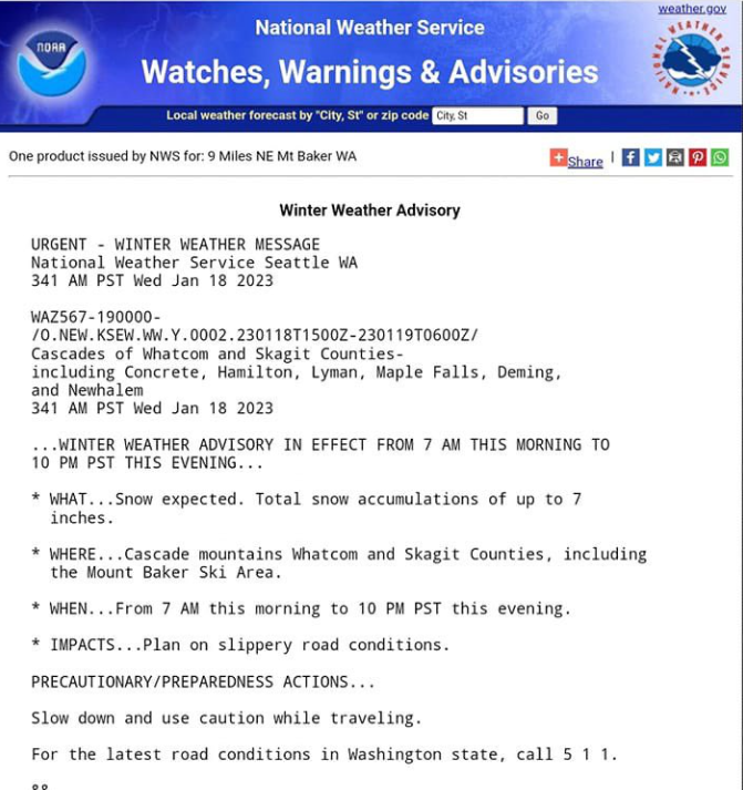 wsdot_north's tweet image. 🌨️Our maintenance crews tell me every chance they get, "Winter is NOT over!" @NWSSeattle confirmed. There's a #WinterWeatherAdvisory btwn now &amp;amp; 10PM tonight (1/19) for parts of #Whatcom &amp;amp; #Skagit counties. If you're planning travels to any of these areas, please be prepared.