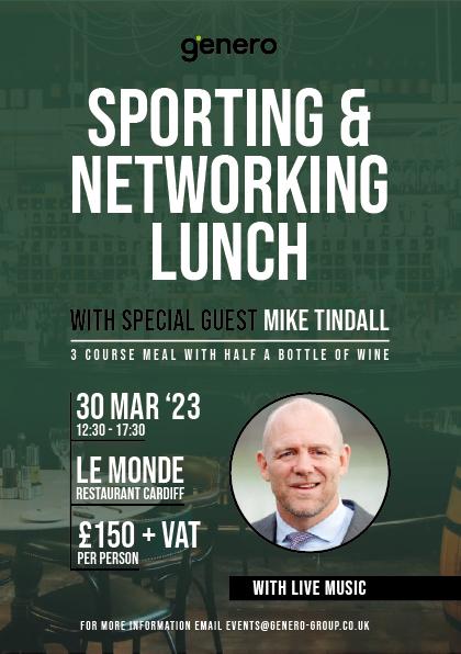 Join us for our 2023 Sporting &amp; Networking Lunch, with special guest Mike Tindall!

🍷 Enjoy a 3-course meal with half a bottle of wine, live music and great chat!

🎤 Hosted by Tom Shanklin

🏉
Contact us to book:
📩 events@genero-group.co.uk
📞 01446 740043

#cardiffevents