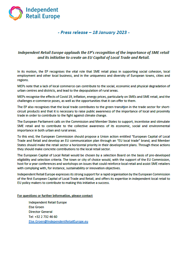 IndeRetailEU's tweet photo. Independent Retail Europe applauds the EP’s recognition of the importance of #SME #retail and its initiative to create an EU Capital of Local Trade and Retail! 👏👏👏👏
@DolorsMM @EP_Petitions

https://t.co/HcoafZRj3H 

#local #trade #retailing #commerce https://t.co/wQXAzg8ZEu