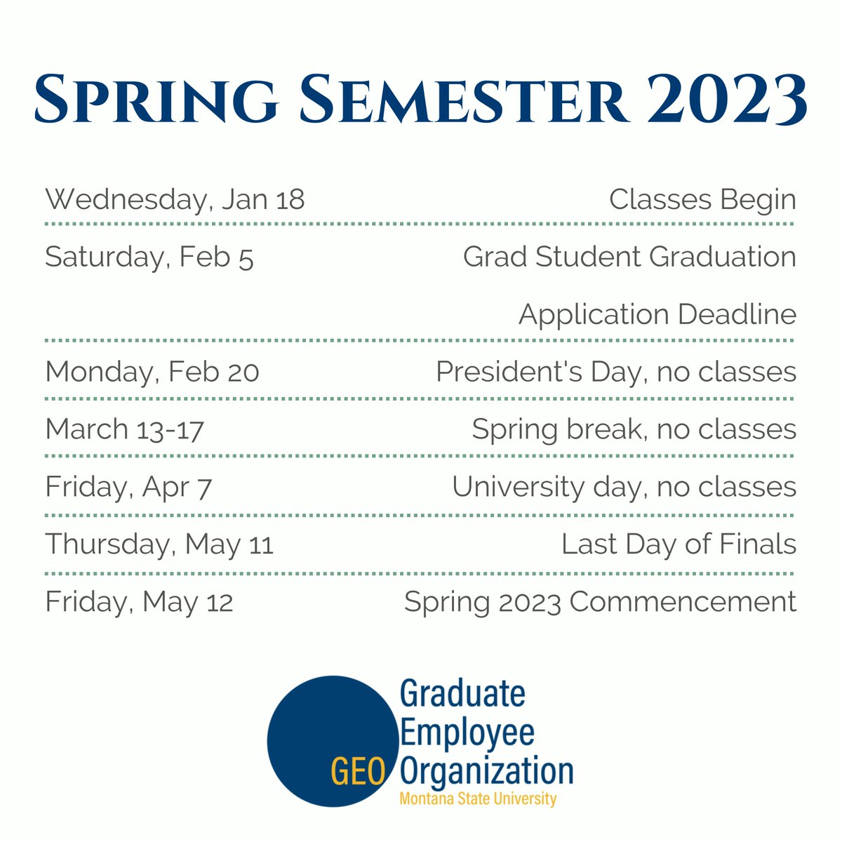 Happy Spring Semester! Here's a summary of the important dates for the semester!