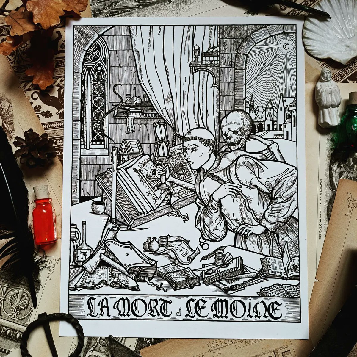 Nouvelle illustration, "La Mort et le Moine", les tourments que l'on peut avoir en étudiant un sujet philosophique et angoissant... 

#scriptorium #illustrationart #moine #moyenâge #middleages