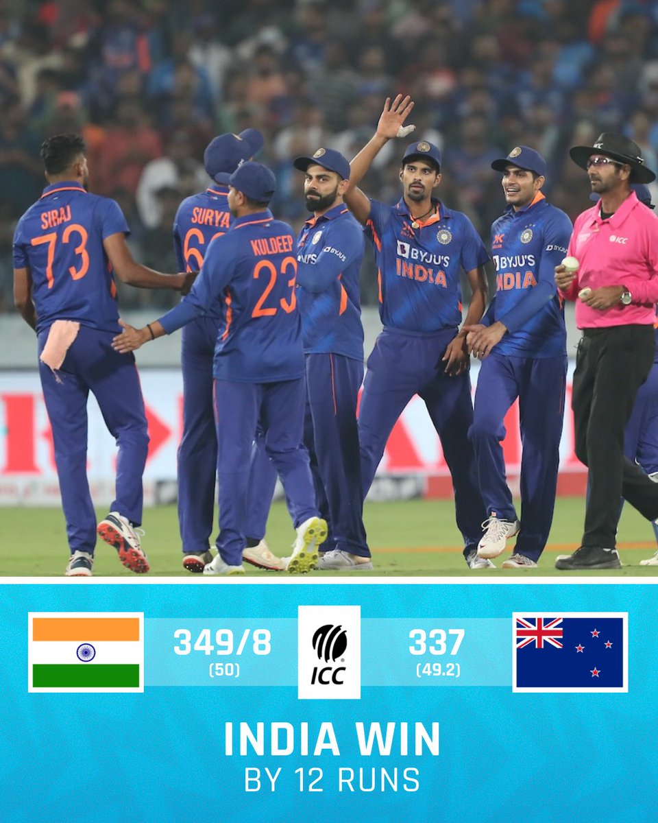 ICC's tweet photo. Michael Bracewell's heroic innings goes in vain as India edge the Kiwis in a high-scoring ODI in Hyderabad 🤯

#INDvNZ | 📝: https://t.co/raJtMjMaEn https://t.co/S3TU8hLGMr