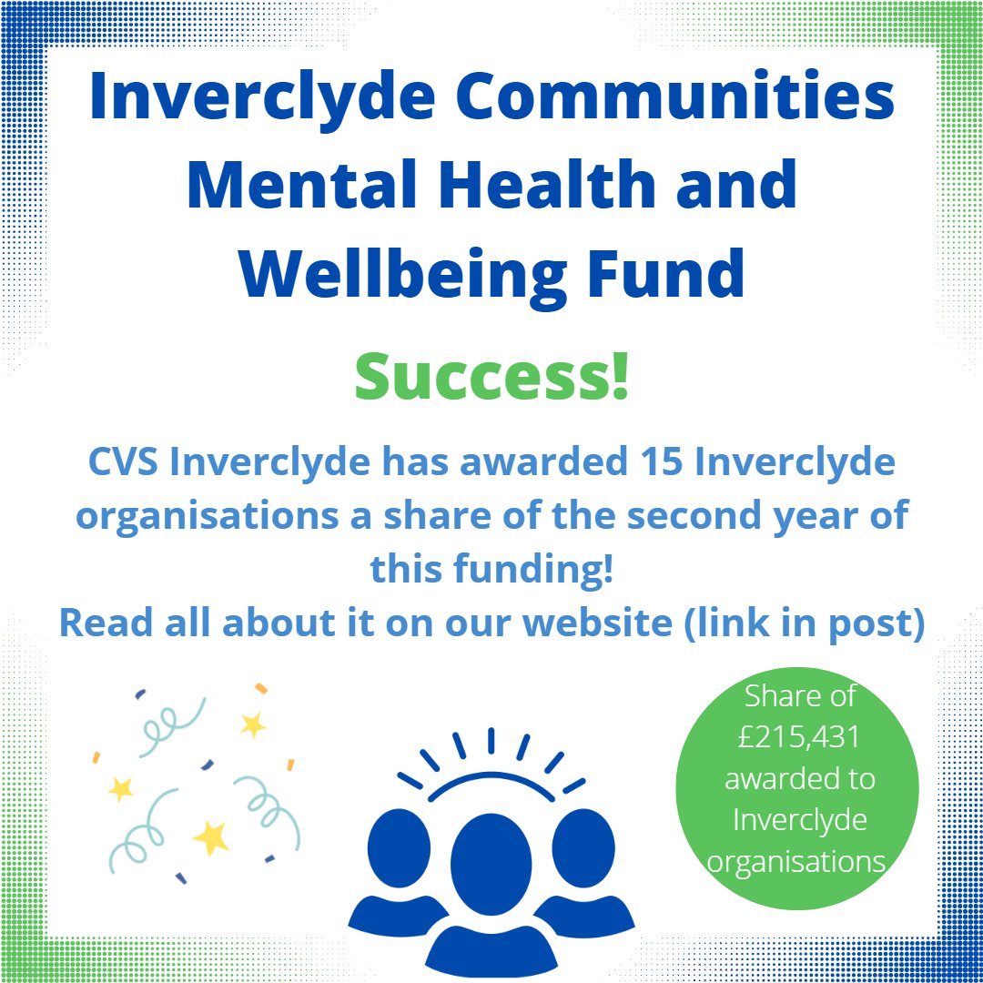 Success! ✨ CVS Inverclyde has awarded 15 Inverclyde organisations share of £215,431 in the second year of the Communities Mental Health and Wellbeing Fund! Read all about it on our website: cvsinverclyde.org.uk/news/2360-inve…