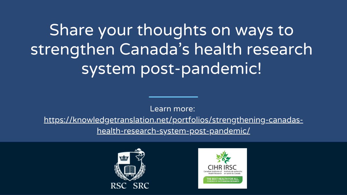 The #RSC in partnership with <a href="/CIHR_IRSC/">CIHR</a> is holding a meeting to develop recommendations to strengthen Canada’s #HealthResearch system post #COVID19 #pandemic! Members of the public &amp; researchers are eligible to participate in this research project bit.ly/3F36Le5