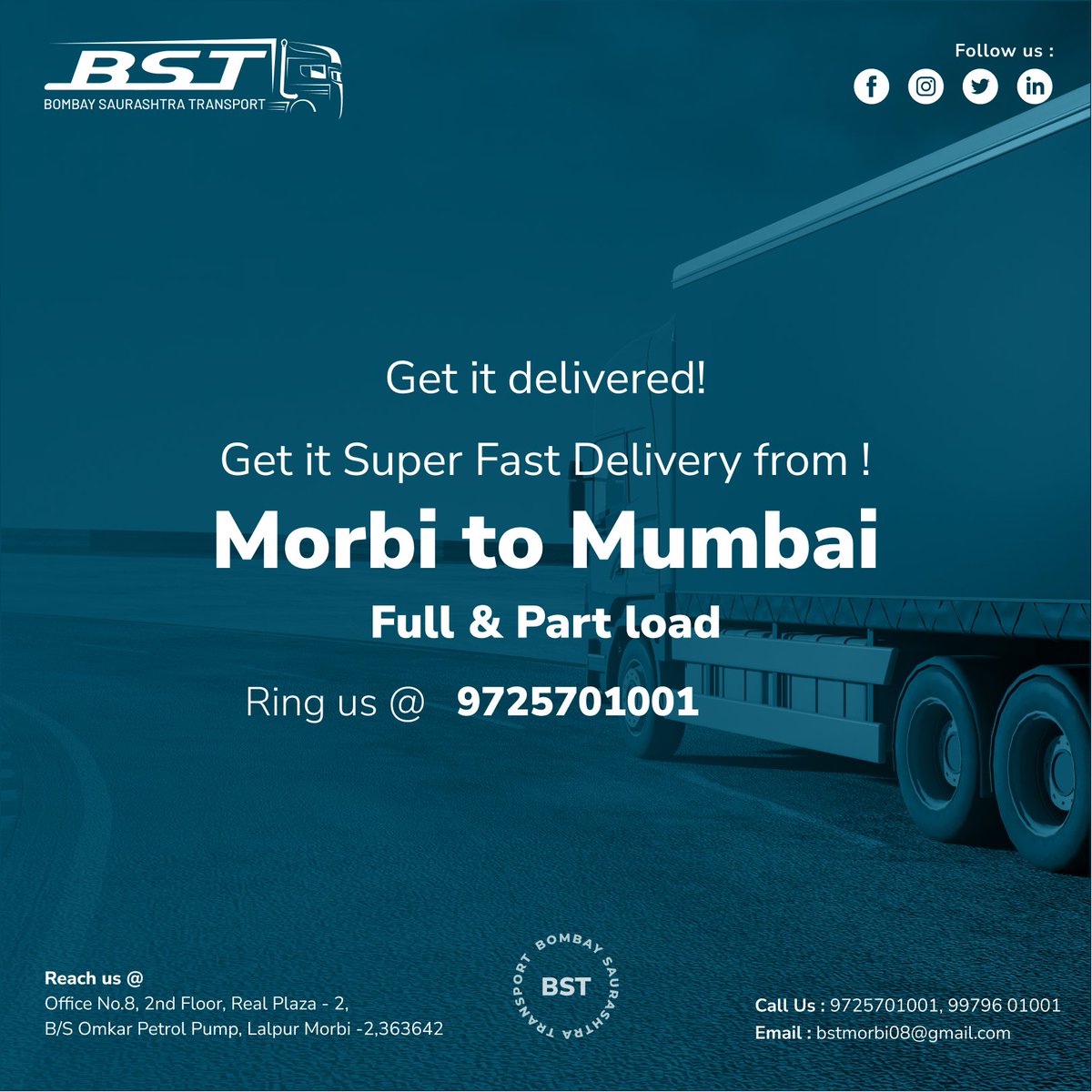 BSTmorbi's tweet photo. Get it delivered!

Get it super fast delivery from !

Morbi to Mumbai 
Full &amp; Part Load 

Ring us @ 9725701001 

#BST #transport #partload #fullload #transportation #logistics #Morbitransport #Mumbaitransport #Punetransport #trucking #shipping https://t.co/E1EErKONdz