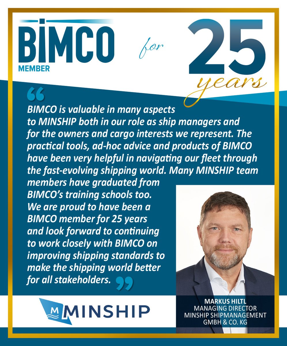 BIMCONews's tweet photo. Markus Hiltl, Managing Director, MINSHIP Shipmanagement GmbH & Co. KG shares how BIMCO has supported MINSHIP over the past 25 years
Here's to the next 25!
#shipmanager #shipowner #cargo #shipping https://t.co/o4bMWMxY88