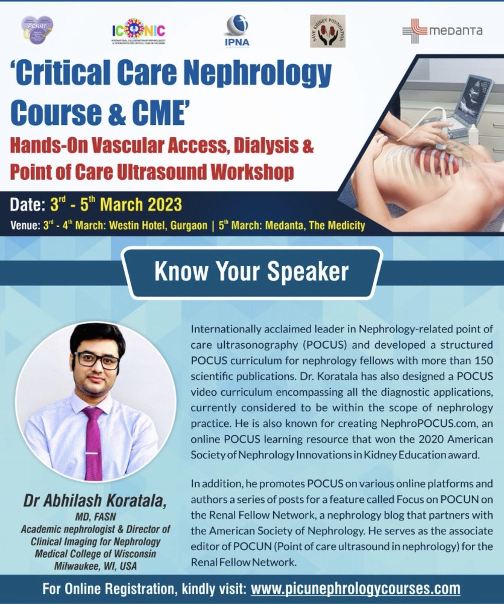 Join us in next #criticalcarenephrologyindia #pcrrtadvances meeting- focus on #aki & #POCUS . Can’t wait to see @NephroP live in action! @rupeshrainamd @drshyambansal @IPNA_PedNeph @IspnSocial @ASianPNA @ASPNeph @Alanepe1 @saudi_SSN @ipnajc @isn_india @ISNkidneycare @pcrrticonic