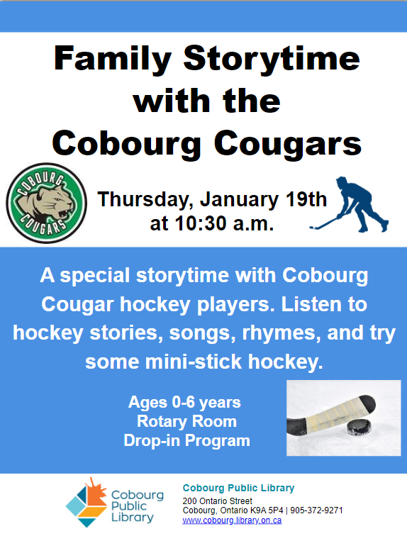 cobourgPL's tweet photo. Thursday, pop into the Library for a special storytime with Rachael and your Cobourg Cougars Hockey Team!! 🏒
.
@CougarsHockey
.
#librariesbuildcommunities #librarylove #cobourgcougars https://t.co/xZa1a871hq
