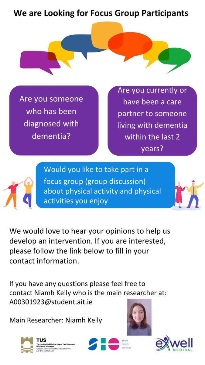 NKelly943's tweet photo. Hi everyone,
We are still looking to speak with people who are living with dementia and care partners about physical activity for this study.
This can be conducted online or in person. 
If you would like to take part, please contact me
Thank you 😊
@alzheimersocirl @DSH_TUS https://t.co/ZvSHlef2sd