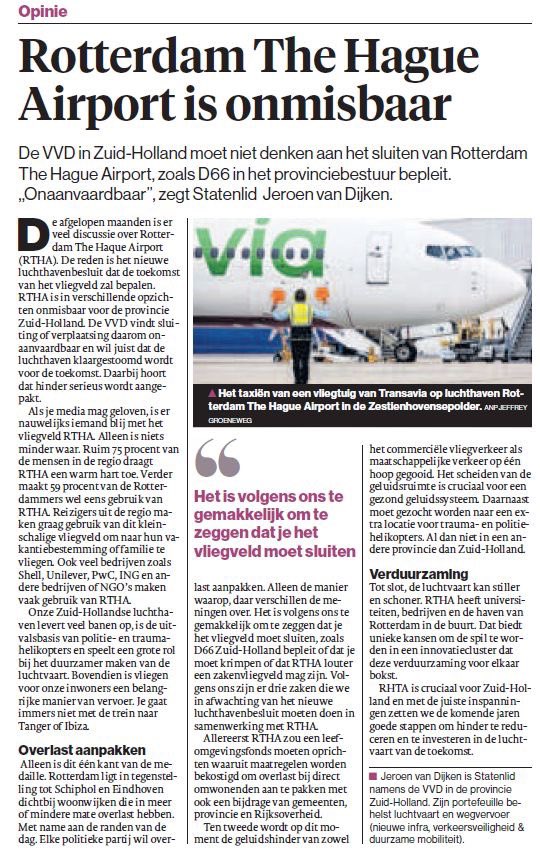 Vandaag pleit ik in <a href="/ADnl/">AD.nl</a> voor het klaarstomen van <a href="/RTHA_Nieuws/">Rotterdam The Hague Airport</a> voor de toekomst. Daarbij hoort het serieus aanpakken van hinder. 

<a href="/diekevgroningen/">Dieke van Groningen</a> <a href="/danielkoerhuis/">Daniel Koerhuis 🇳🇱</a> <a href="/laevbb/">Lotte van Basten Batenburg</a> <a href="/vvdzuidholland/">VVD Zuid-Holland</a> <a href="/CarolinePeeck/">Caroline Peeck</a> <a href="/VVDDenHaag/">Haagse VVD</a> <a href="/VVDRotterdam/">De Rotterdamse VVD</a>
