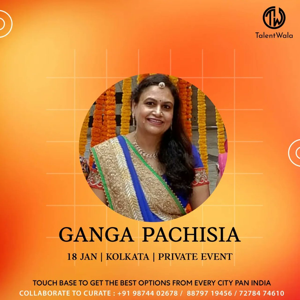 The very talented ceremonial singer Ganga
Pachisia will make the Myra ceremony a perfect and
memorable day with an attractive musical atmosphere
today at a private event in Kolkata.

#talentwala #artistmanager 
#kolkataevent #artistsinger #artistsingersinger
#gangapachisia
