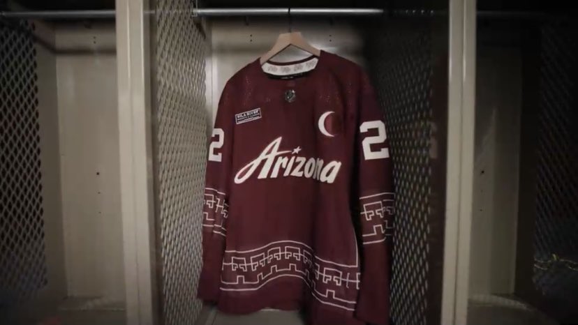 PuckReportNHL's tweet photo. NEWS: #Yotes reveal new “Desert Nights” third jersey, designed by Rhuigi Villaseñor. It will be worn 14 times this season. https://t.co/k5e7L4fBWr