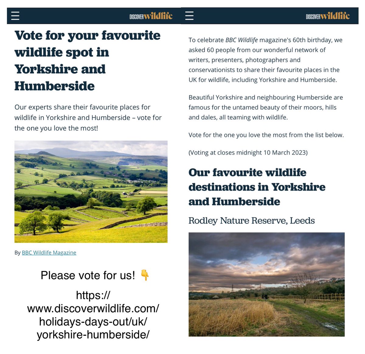 Delighted to have been shortlisted for @WildlifeMag’s favourite #wildlife spots! To celebrate BBC Wildlife magazine's 60th birthday 🥳 they’re asking people to vote for the one they 💚 most - it’s a cracking list to be on & we’d love your support discoverwildlife.com/holidays-days-… #Leeds