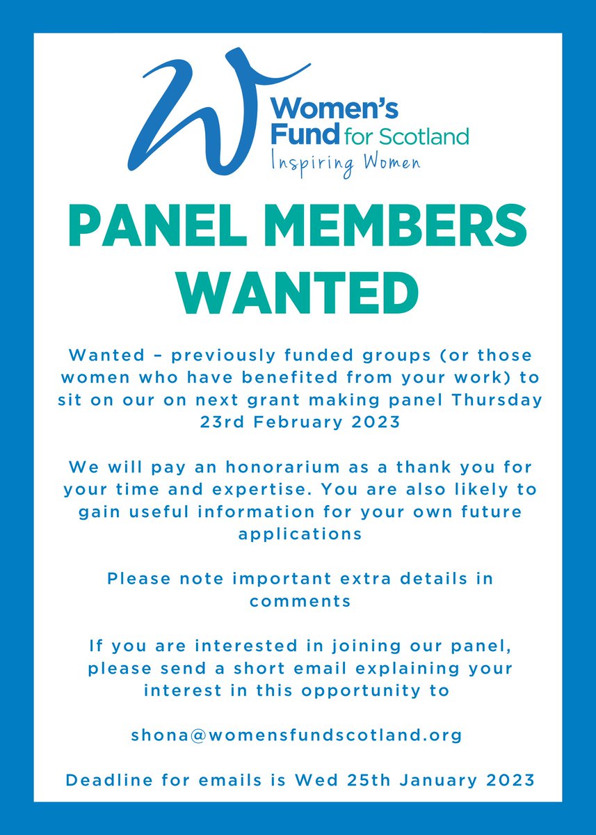 The Women's Fund for Scotland are looking for members for their grant making panel.  New panel members should be from a previously funded group, or have attended or benefited from a funded group. If you are interested, send a short email as below 👇👇 ⠀