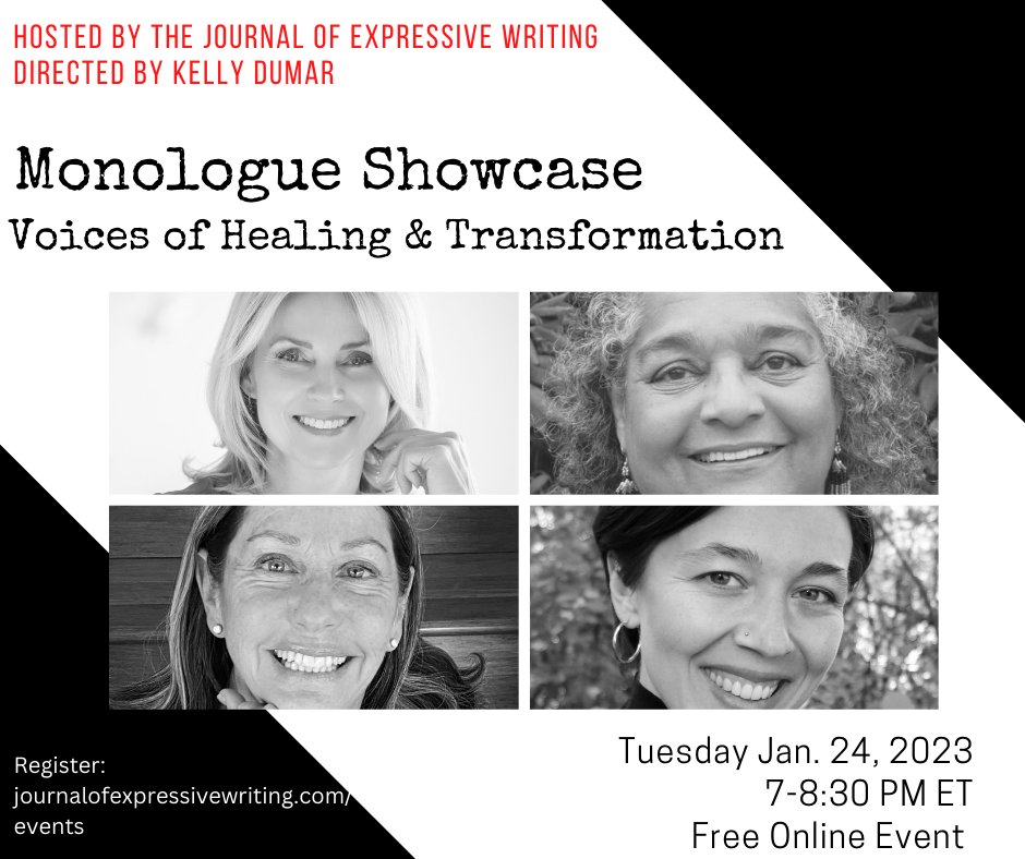 @ExpressiveJourn is hosting 'Voices of Healing & Transformation: A Monologue Showcase' JAN. 24, 7 p.m. ET. Writers from Kelly DuMar's Play Lab will present monologues for the stage, performed live by amazing actors! Free & donations will go to @Casamyrna eventbrite.com/e/monologue-sh…