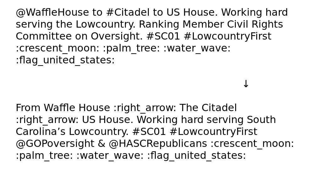 CongressChanges's tweet image. Description: Rep. Nancy Mace (R-SC) office account "RepNancyMace"

"@WaffleHouse to #Citadel to US House. Wo…" =&amp;gt; "From Waffle House ➡ The Citadel ➡ US House. Working hard serving South Carolina’s Lowcountry. #SC01 #LowcountryFirst @GOPoversight &amp;amp; @HASCRepublicans 🌙🌴🌊🇺🇸"