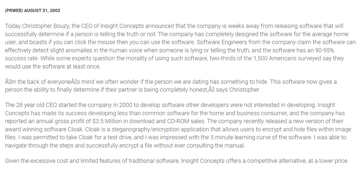 NatetheLawyer's tweet photo. In 2003, Bouzy claimed his company "Insight Concepts" made an annual gross profit of $3.5 Million. 

His lie detector software had a 90%-95% accuracy rate. Like Bot Sentinel's bot-detecting accuracy.

From lie detectors, encryption, crypto, dating, bots, now Spoutible. https://t.co/F0qfN6aI2K