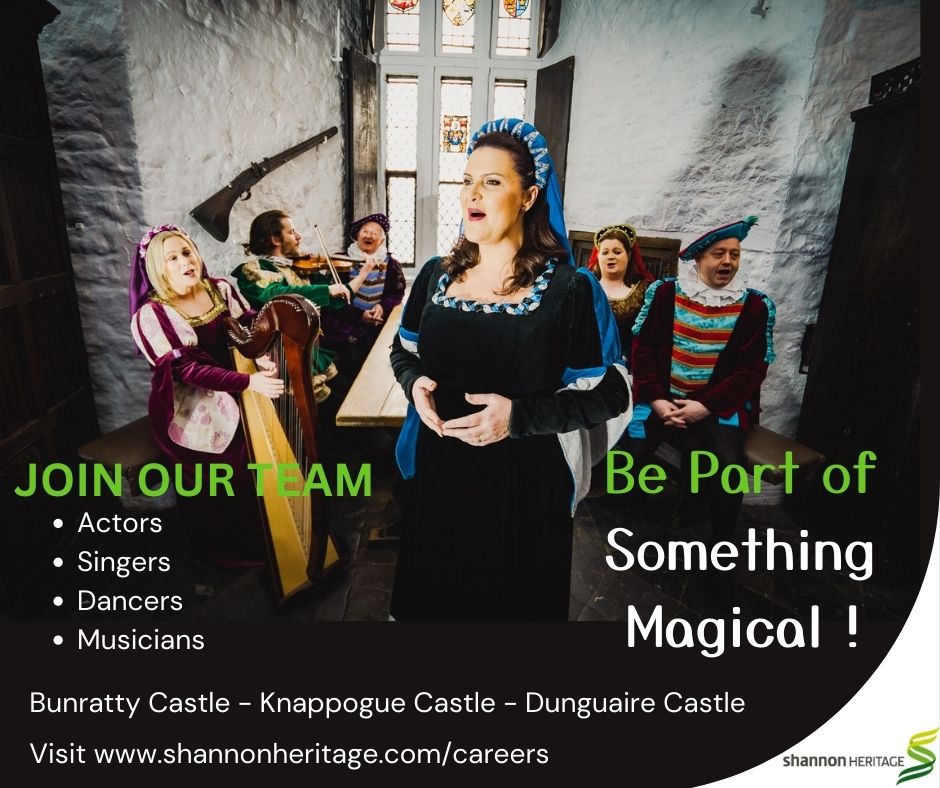 🏰📣 JOIN OUR TEAM🎻🏰
Shannon Heritage are delighted to announce we are recruiting for roles across our portfolio of Medieval Banquet Experiences at Bunratty Castle &amp; Knappogue Castle, Co Clare &amp; at Dunguaire Castle, Co Galway.

View the full job spec on shannonheritage.com/careers