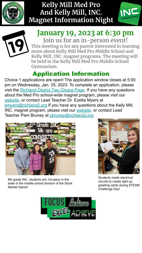 Kelly Mill, INC. (@inc_pb) on Twitter photo Kelly Mill, INC. Information Night is Jan. 19 at 6:30. Join us to hear an overview of the INC. magnet, tours of classrooms, INC. project showcases, and a student panel to answer your questions about the MS experience in the INC. program! <a href="/KMMPMPanthers/">Kelly Mill Med Pro Middle</a> <a href="/RichlandTwo/">Richland School District Two</a> <a href="/R2Magnets/">Barbara Turner</a> Kelly Mill, INC. Information Night is Jan. 19 at 6:30. Join us to hear an overview of the INC. magnet, tours of classrooms, INC. project showcases, and a student panel to answer your questions about the MS experience in the INC. program! <a href="/KMMPMPanthers/">Kelly Mill Med Pro Middle</a> <a href="/RichlandTwo/">Richland School District Two</a> <a href="/R2Magnets/">Barbara Turner</a>