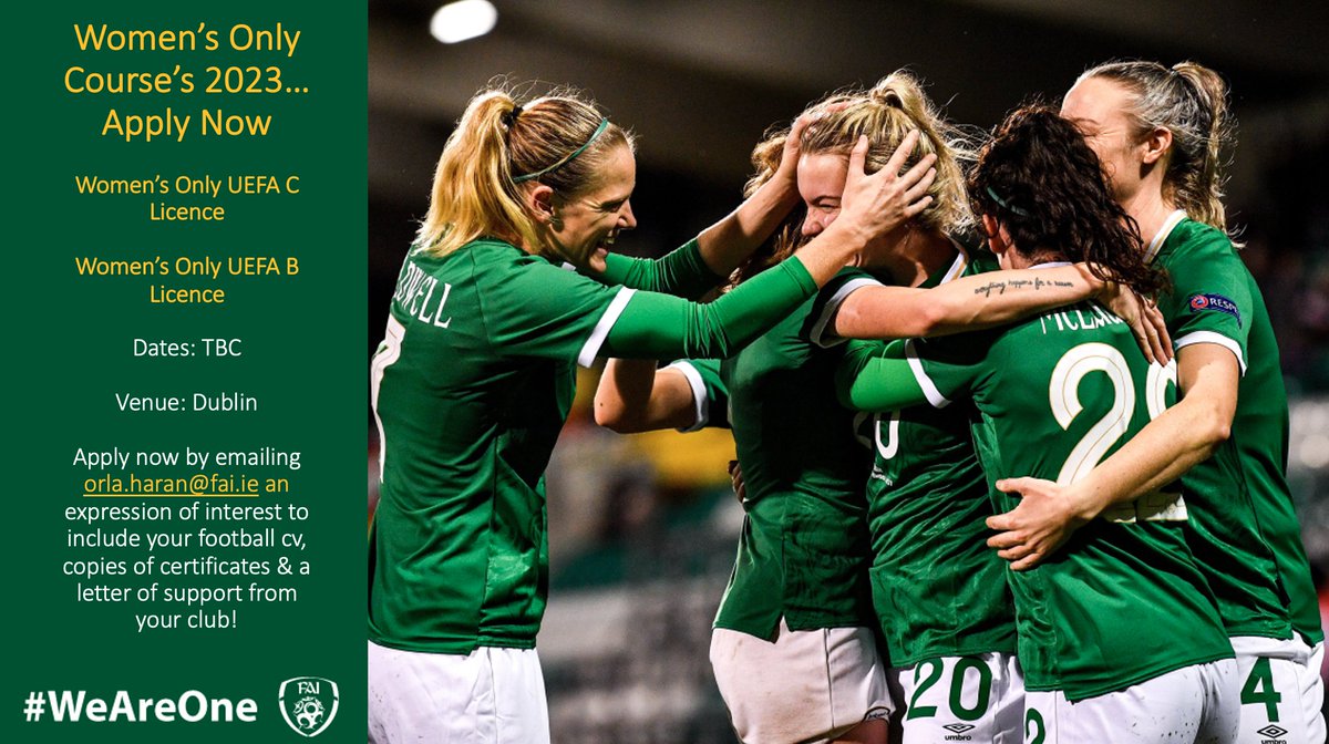 ⚽️ Women's Only UEFA Courses 2023 ⚽️ @FAICoachEd are now accepting applications for our 2023 Women's Only @UEFA B & @UEFA C Licence courses Apply now by emailing your Football CV, Certificates & Club Support Letter to orla.haran@fai.ie #CoachEducation #Lifelonglearning