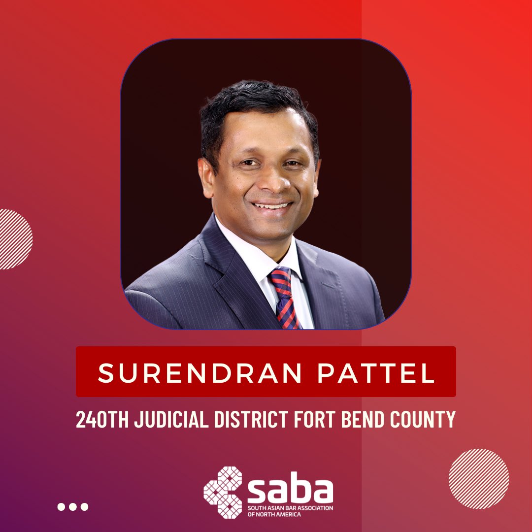 SABALegal's tweet photo. SABA North America Congratulates Judge Surendran Pattel on becoming a judge in the 240th Judicial District Court in Fort Bend County in Texas!  Check out the article below to get a glimpse of his inspirational journey. 

https://t.co/F7eKIXkZd0

#thisissaba https://t.co/H3apHQczab