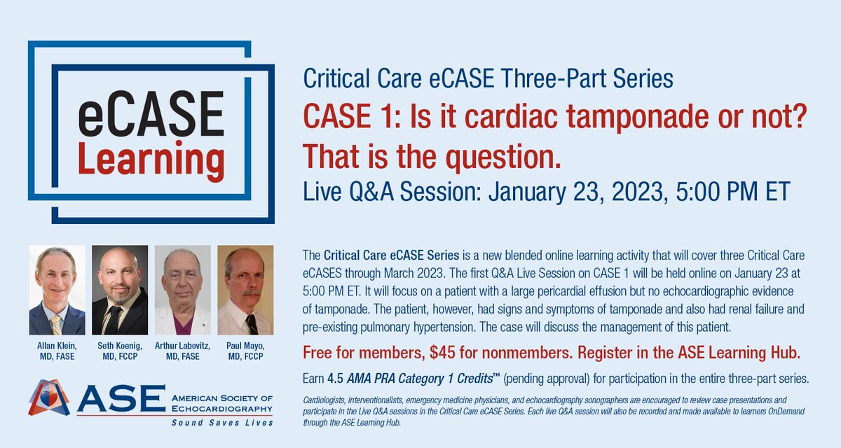 Our new Critical Care eCASE Series is a blended online learning activity that will cover three Critical Care eCASES through March 2023.

The first Q&amp;A Live Session on CASE 1 will be held online on January 23 at 5:00 PM ET. Register here: bit.ly/3ku9w1u