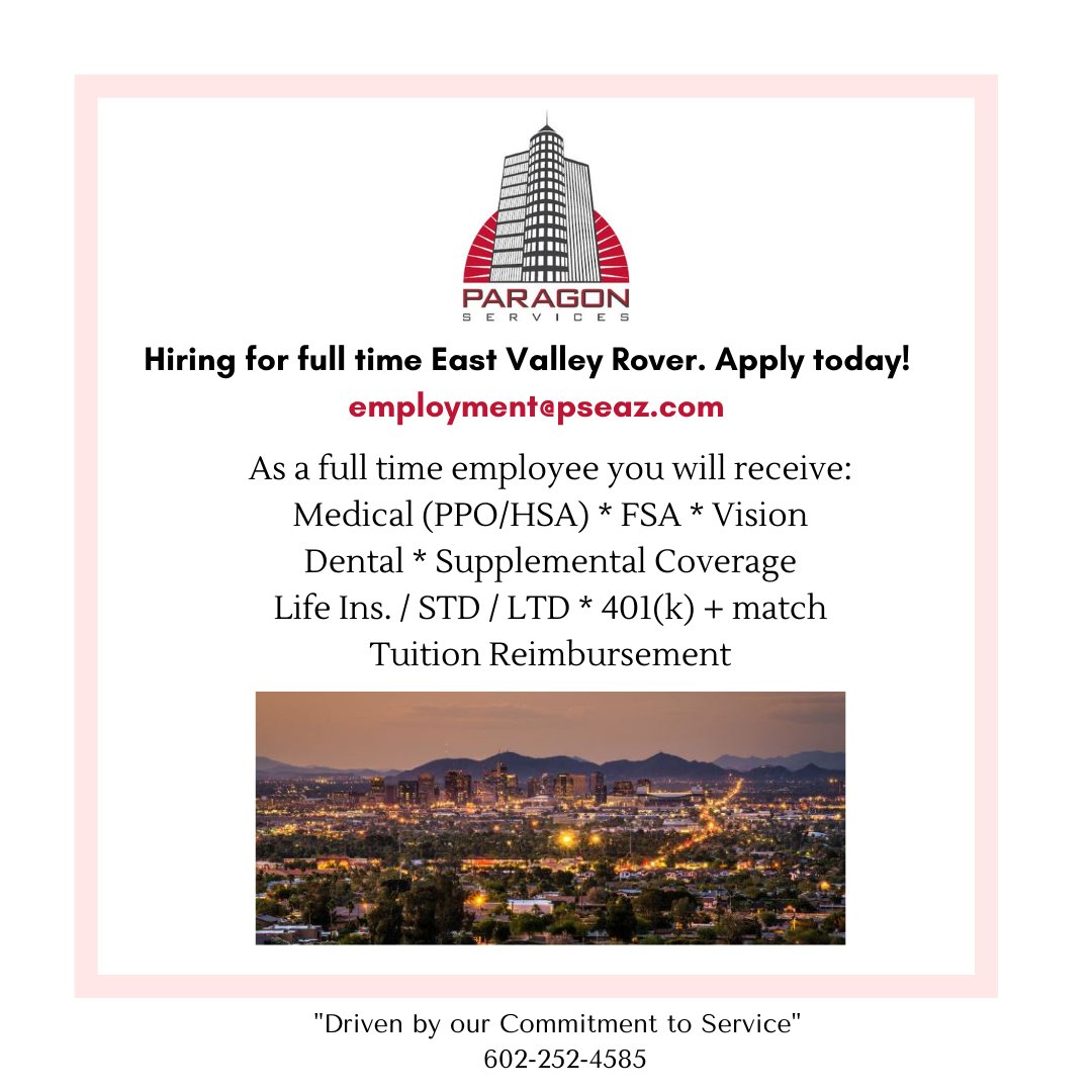 ServicesParagon's tweet photo. Join Our Team! @Paragon Services LLC is hiring for an East Valley Roving Building Engineer 
Apply below or email your resume to azemployment@pseaz.com  
#maintenancetechnician #buildingengineers #paragonservicesllc #applytoday #wearehiring #joinourteam https://t.co/Cy7ZItB5VV