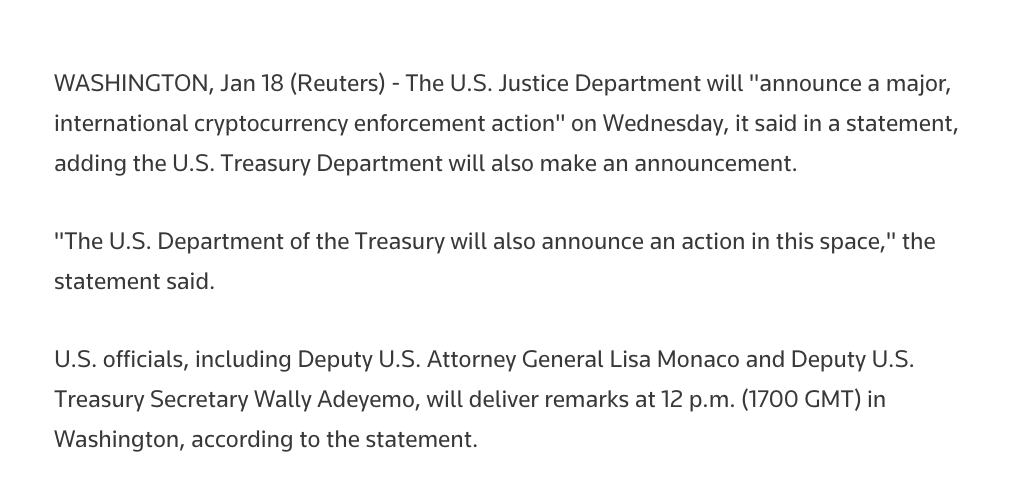 DylanLeClair's tweet photo. *U.S. JUSTICE DEPARTMENT TO ANNOUNCE A GLOBAL CRYPTOCURRENCY ENFORCEMENT ACTION*

Statement coming in 20 minutes, any guesses? https://t.co/vm5zNlzewb