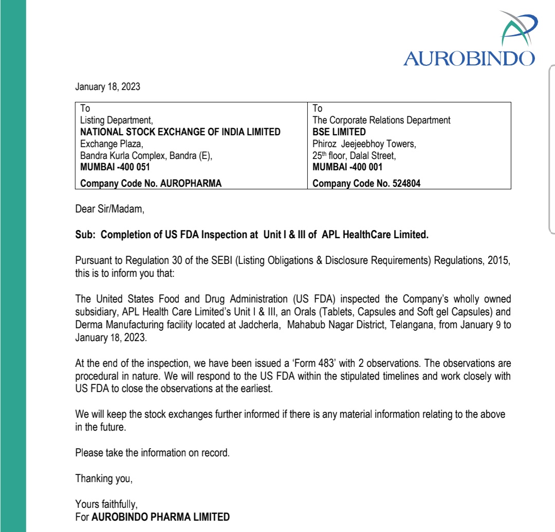 MarketVedantA's tweet image. Aurobindo Pharma Ltd updates on USFDA inspection

#AurobindoPharma  #Form483 #2Observations #USFDA #inspection #update