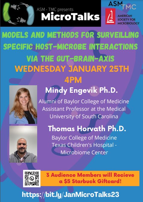 asm_tmc's tweet image. Join us next week on Wednesday (1/25) at 4pm for our monthly #MicroTalks featuring #gutbrainaxis research from Drs Mindy Engevik (@micromindy)  and Thomas Horvath  (@AChem_Horvath)! 

#research #microbiology #asmattmc #seminar #microbiome #gut @bcmhouston #gitwitter @MUSC_COM