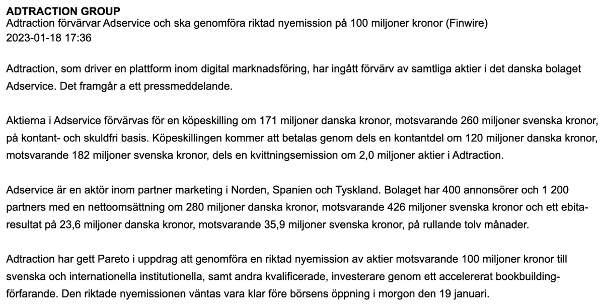 Adtraction ska förvärva Adservice och göra en riktad nyemission! 

#affiliatese #svseo $adtr