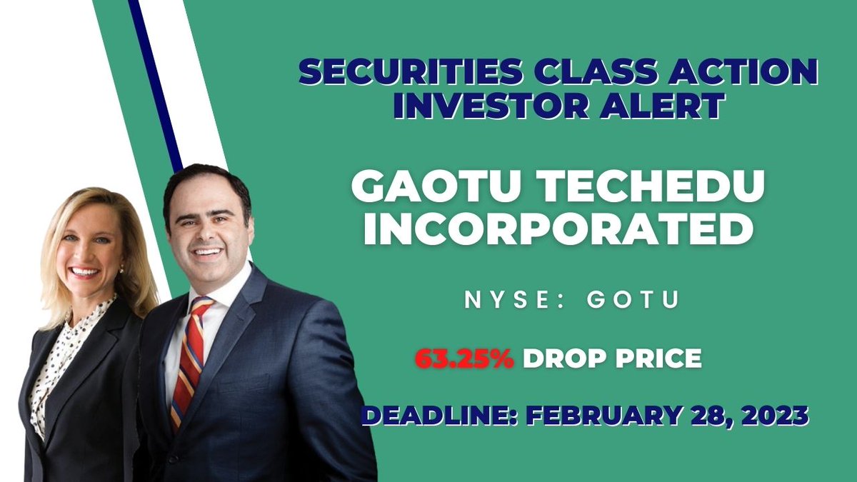 MergerAlerts's tweet image. Gaotu Techedu Inc Securities Class Action Lawsuit $GOTU

Deadline Next Week February 28, 2023, Learn More 👉 bit.ly/GaotuLawsuit

#NASDAQ #NasdaqListed #InvestorAlerts #stocks #stockmarketnews #StocksInNews #NYSE #investing