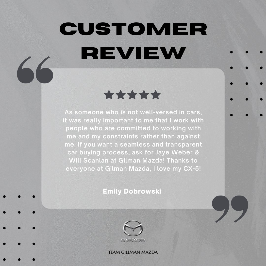 Team Gillman Mazda appreciates all of our customers' support! We look forward to your next visit! 🙌

Leave us a review about your experience with us today! ➡️ bit.ly/3CEV1xQ

#TeamGillmanMazda #Houston #HappyCustomers #Mazda