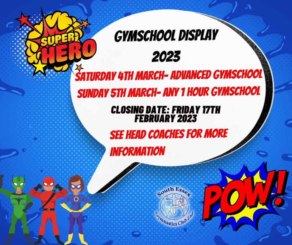 🚀 GYMSCHOOL DISPLAY 🚀 Gymschool Display will be held on 4th & 5th March. Letters are being handed out this week, please see head coaches for any questions. Looking forward to seeing you all there! #segc #southessexgym #southessexgymclub #southessexgymnasticsclub