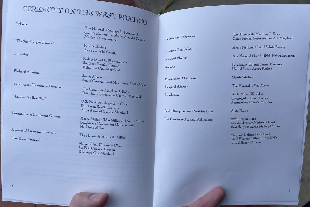 PaulGessler's tweet photo. Two highlights from the freshly-printed program: (1) Oprah Winfrey will present the governor. (2) James Moore will lead the Pledge of Allegiance. https://t.co/B5JXNXAFn3