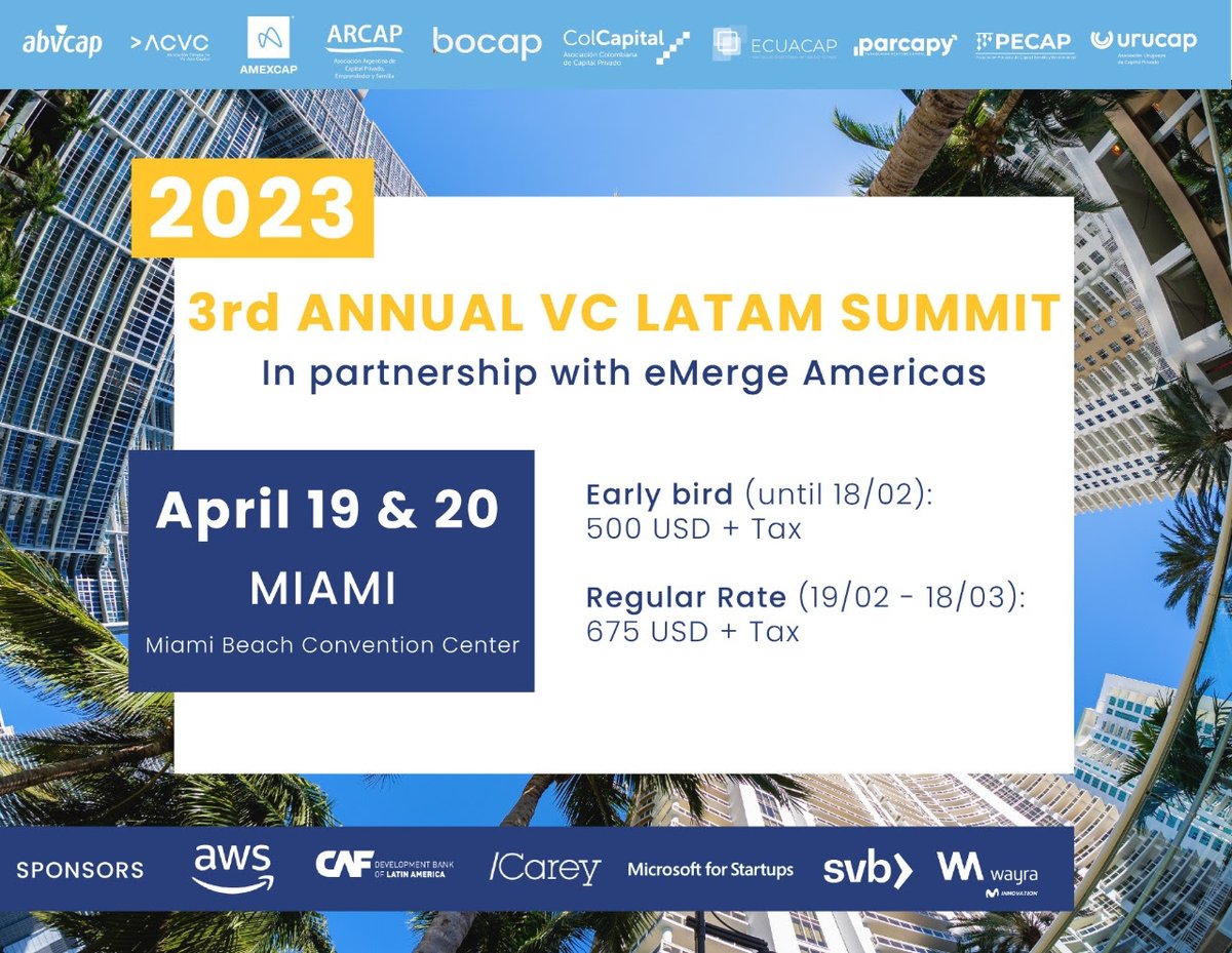 Este 19 y 20 de abril en Miami, Fl será la 3º edición del #VCLatamSummit2023 y se realizará en alianza con <a href="/eMergeAmericas/">eMerge Americas</a>. Este evento está dirigido a los GPs miembros de las asociaciones organizadoras, así como LPs de Latam y EEUU
+información 👉vclatamsummit.org